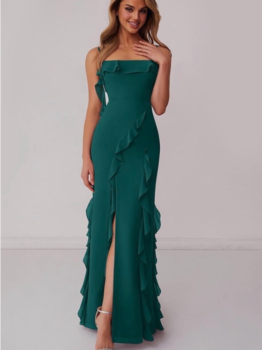 Barbie Emerald Green Ruffle Strap Maxi Dress